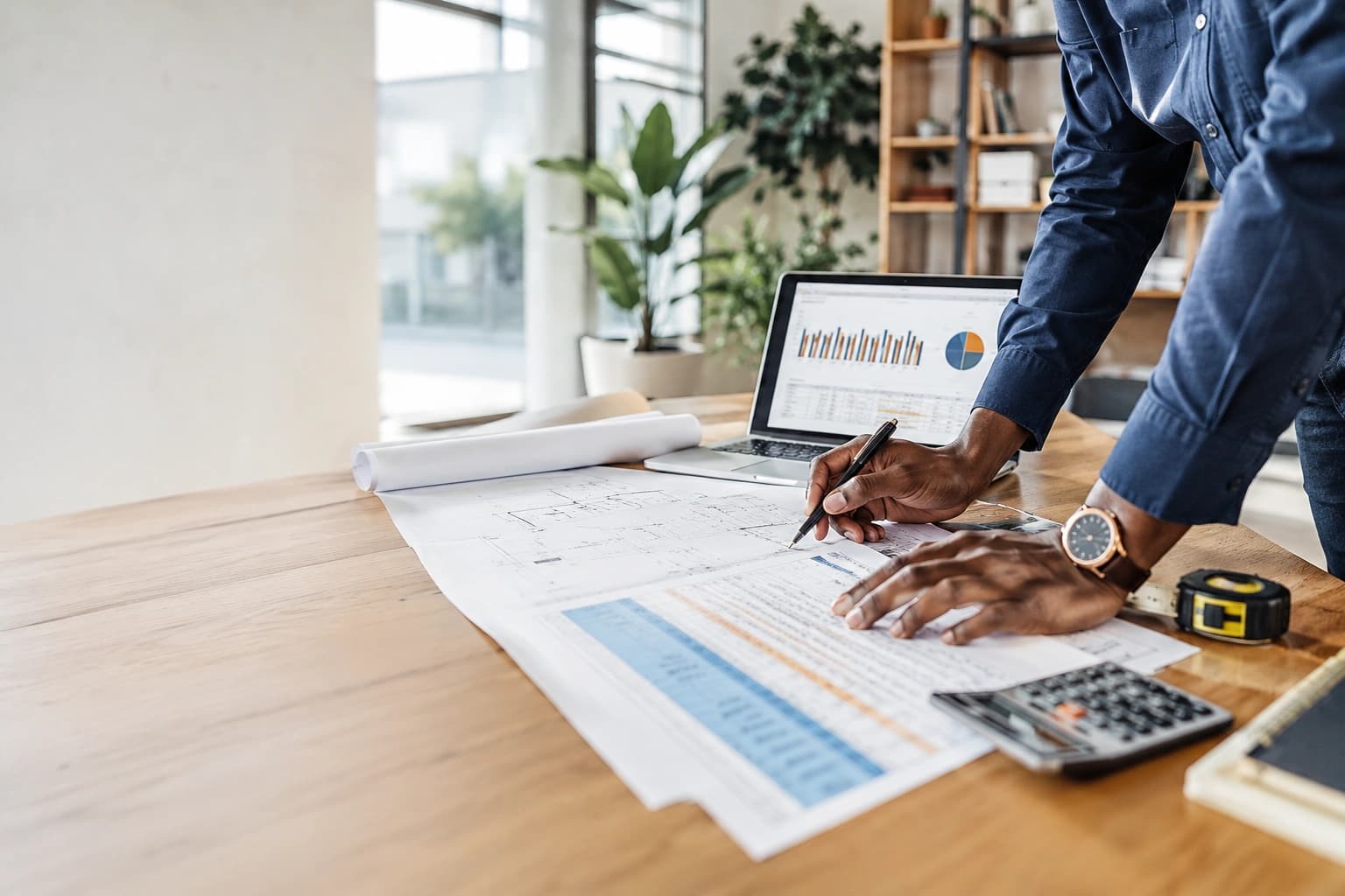 Hands reviewing blueprints and a cost estimate next to a laptop showing a budget chart