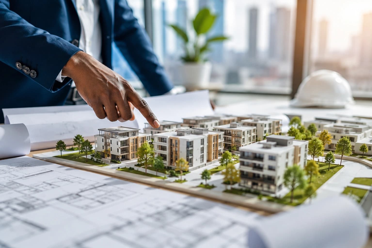 A hand pointing at an architectural scale model of a residential development