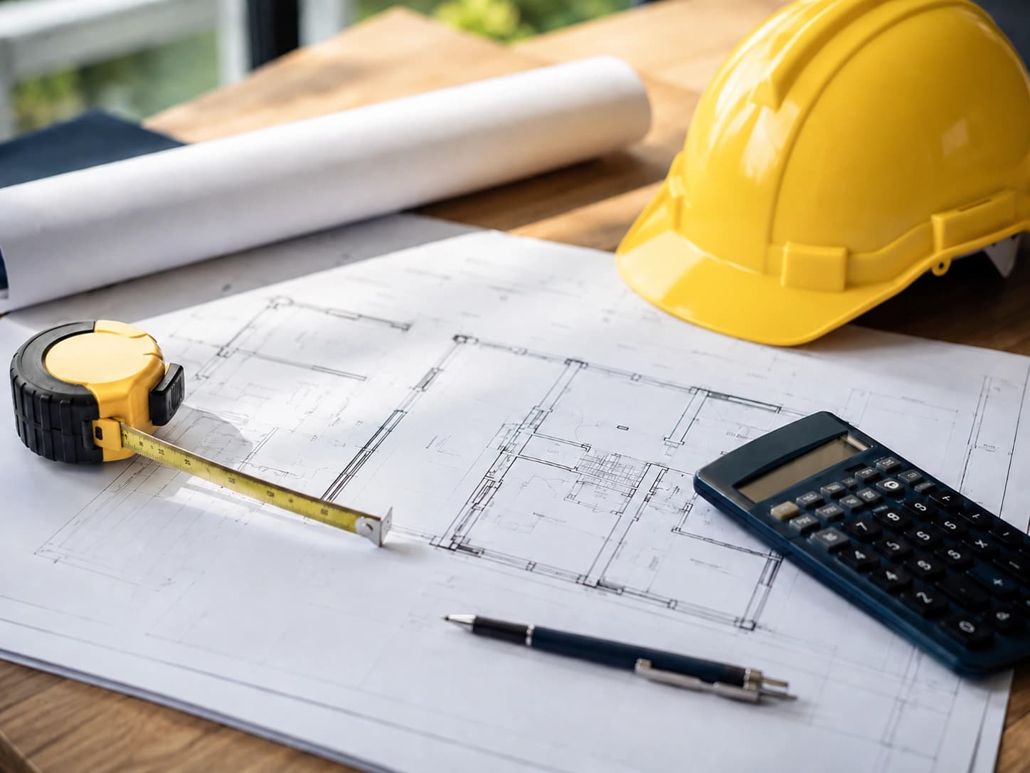 Blueprints, a measuring tape, calculator and hard hat laid out on a desk